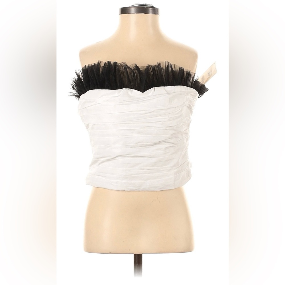 Zara white cropped bustier strapless top with black tulle detail